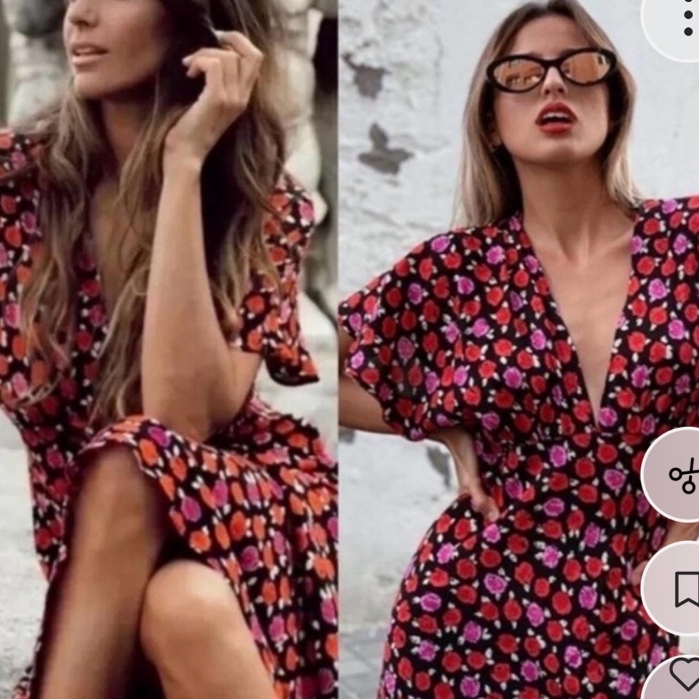 Zara Black Floral midi dress with Red and Pink Accents